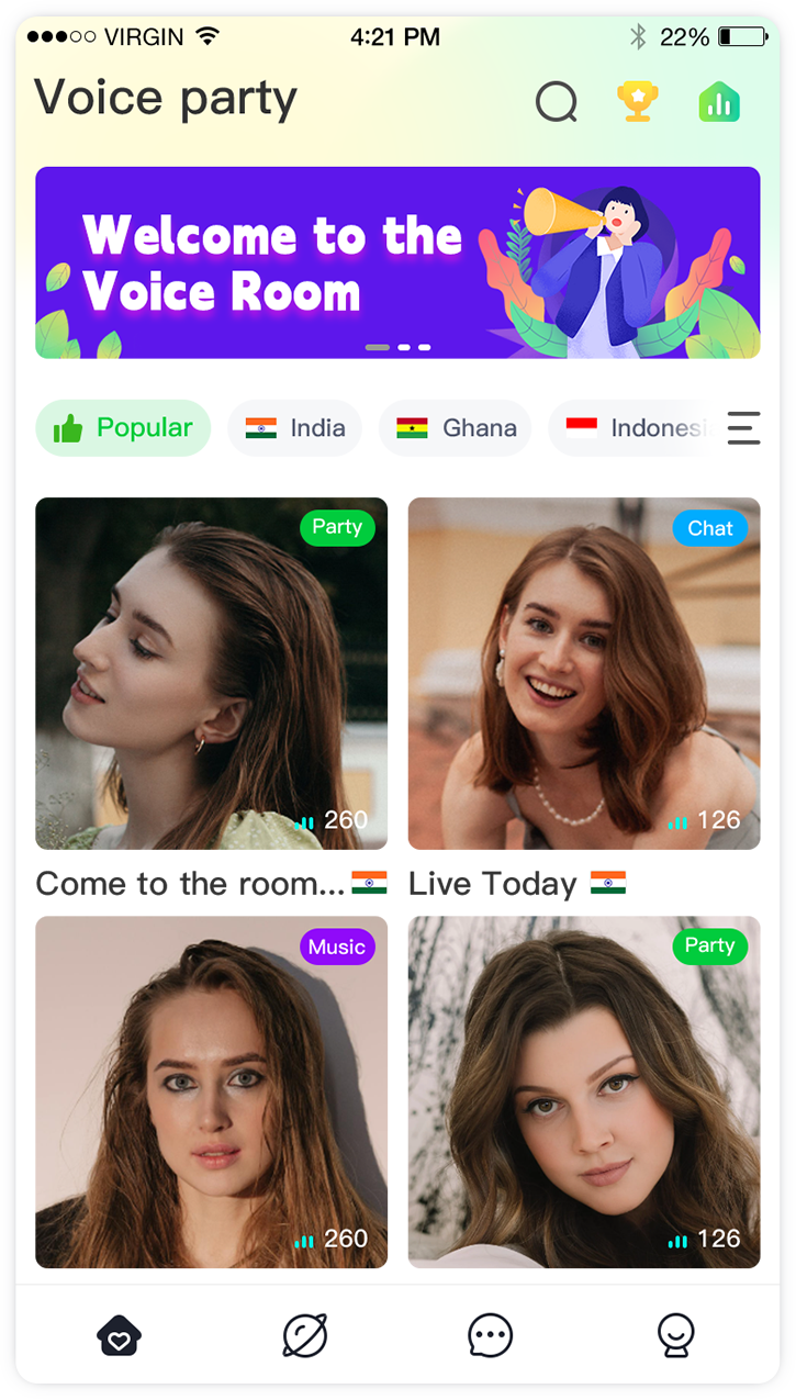 Voice chat app home screen